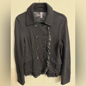 VTG Y2K Black Double-Breasted Women's Jacket with Polka Dot Ruffle Trim